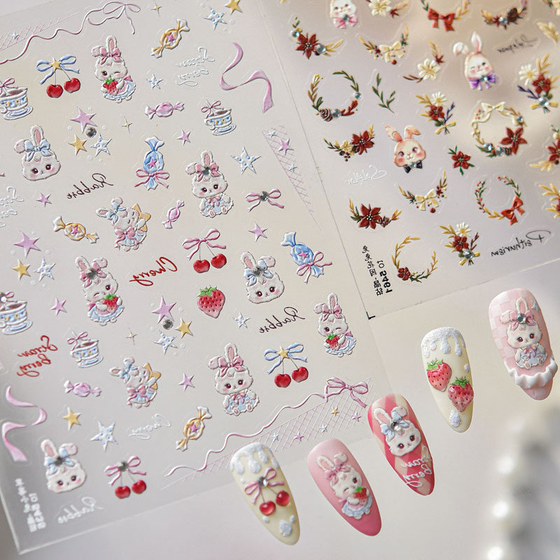 草莓小兔花卉美甲贴纸新款浮雕3d 立体5d网红ins可爱指甲贴纸饰品