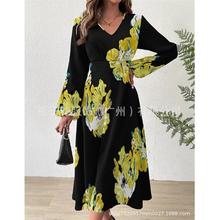 Womens dress long skirt long sleeve v neck slim fit maxi