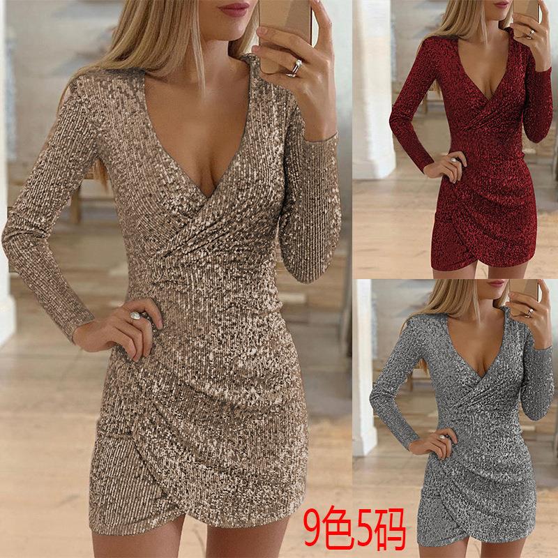 female dress dress sequin short-sleeved irregular hip