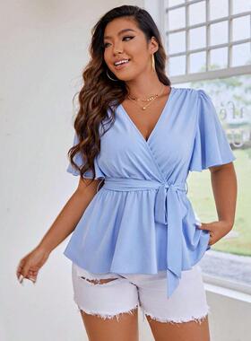 Ruffled Shirt Solid Color Slim Fit Tie Short Bat Sleeve