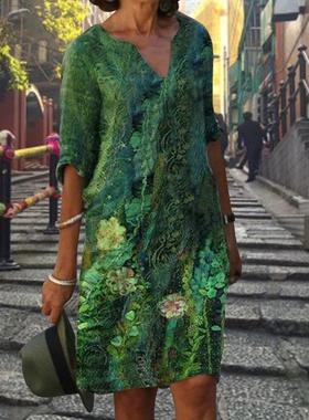 A-line colorful fashion mid-sleeve pullover rendering dress