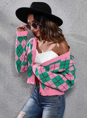 Colorblocked diamond jacquard knitted cardigan coat short