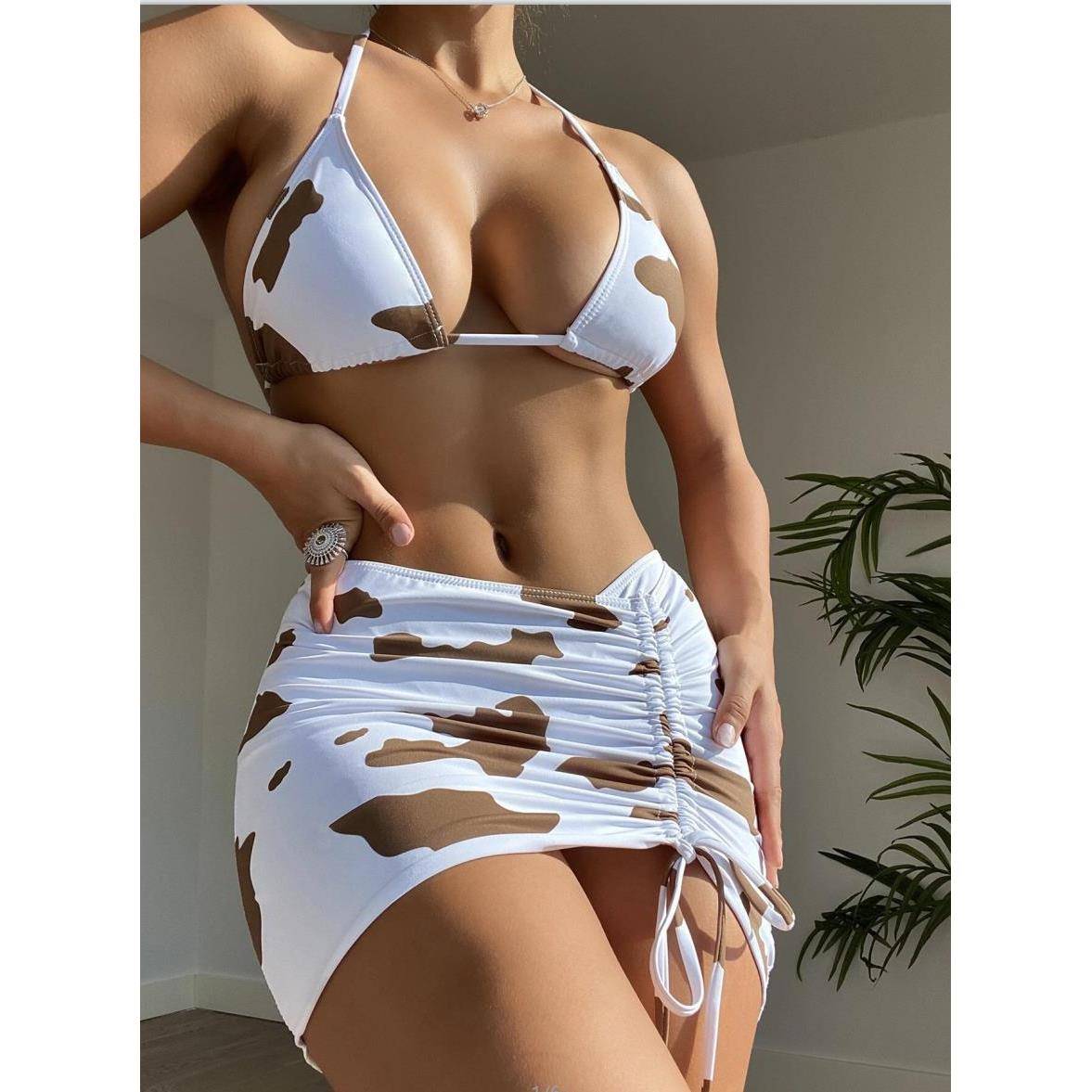 Cow sexy two-piece bikini drawstring three-piece swimsuit