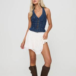 Hottie Top Button Denim Neck Lace Vest Sexy