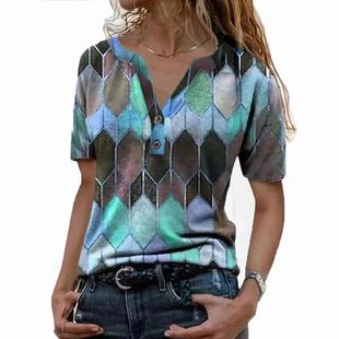 neck Contrast shirt Short Womens Color Fashion Sleeve