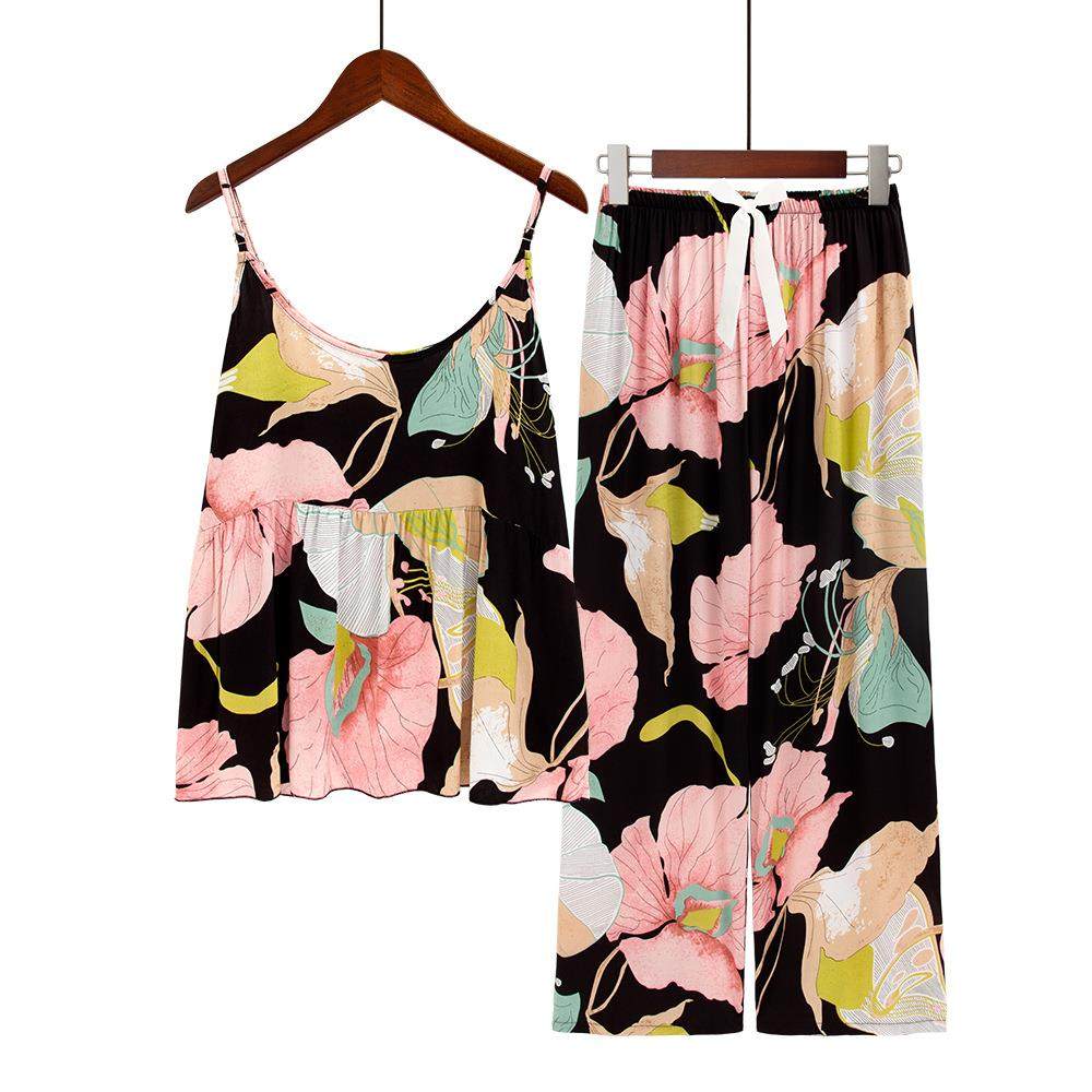 Plus size womens home clothes rayon silk pajamas suspenders