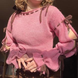 women long contrast casual lace elegant sweater bow
