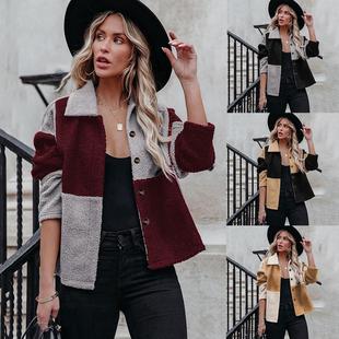sleeve lapel coat contrast tops color long woolen stitching