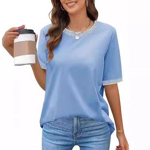 loose top Short-sleeved ribbed solid round color contrast