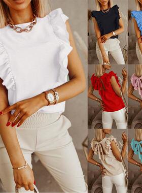 Loose round neck solid color ruffled short sleeve shirt for