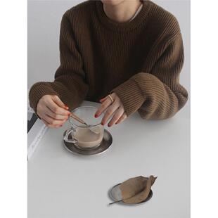 自制秋冬定染棕咖纯色套头毛衣女宽松慵懒风 正肩圆领加厚珍珠白