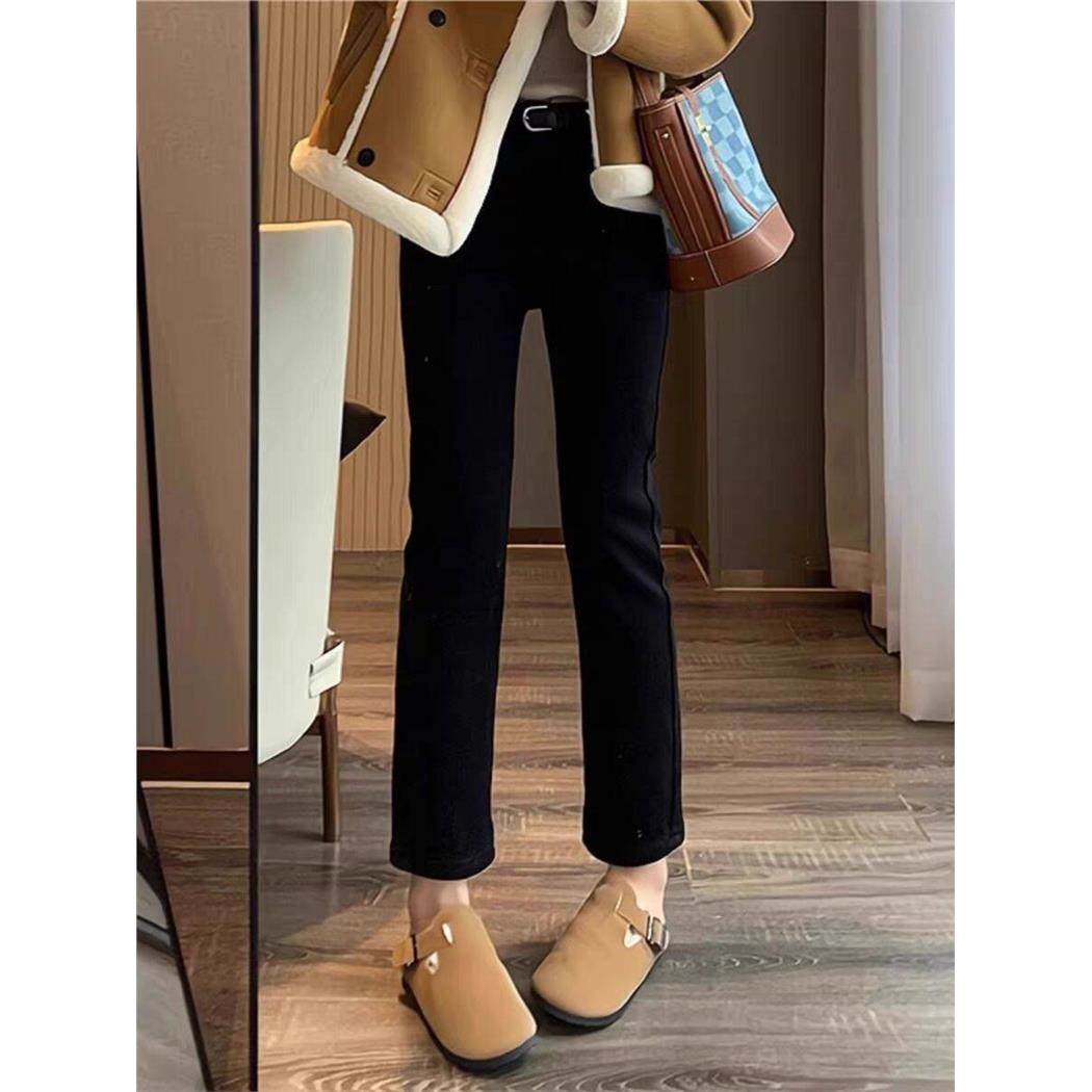 黑色烟管裤直筒牛仔裤女2025冬季新款加绒加厚八九分小个子法棍裤