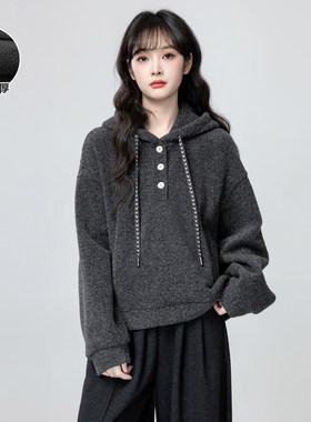 深灰色连帽卫衣女加绒加厚秋冬2025冬季新款套头帽衫学生短款上衣