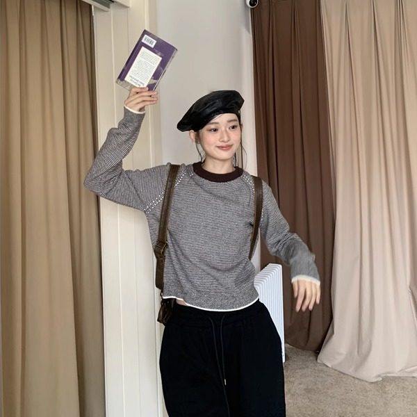 Sleep at 11 条纹撞色套头打底内搭毛衣针织衫女慵懒风圆领上衣,个性定制/设计服务/DIY,棉服工装,淘宝优惠券,粉丝福利购,淘宝优惠卷