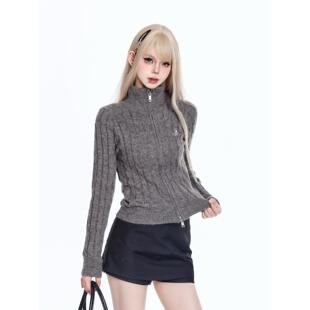 美式覆古麻花高领毛衣外套女秋季慵懒风修身正肩针织开衫短款上衣