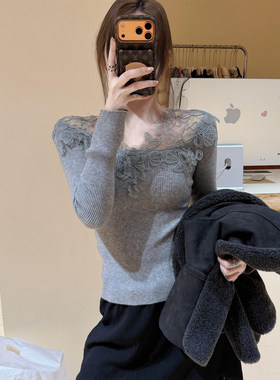 法式灰色蕾丝拼接针织打底衫女秋冬轻奢高级感内搭气质绝美小上衣