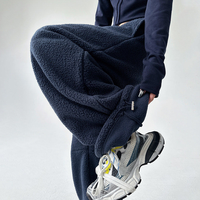 高腰抽绳直筒束脚卫裤女2025冬季新款宽松圈圈呢羊羔毛加厚休闲裤