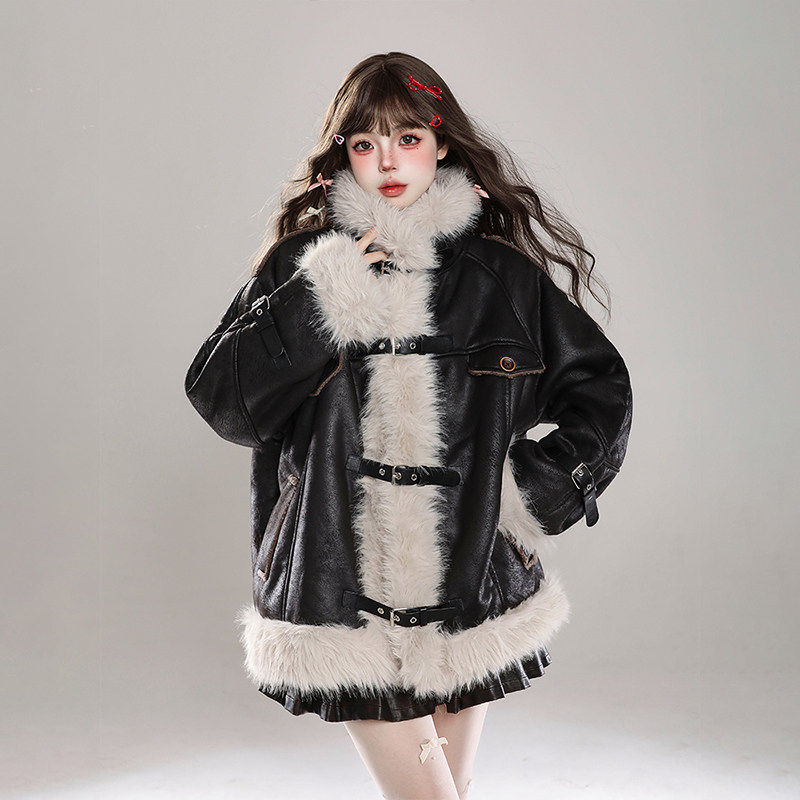 美式复古高级感皮毛一体机车外套女冬季加绒加厚保暖宽松休闲棉服,个性定制/设计服务/DIY,棉服工装,淘宝优惠券,粉丝福利购,淘宝优惠卷