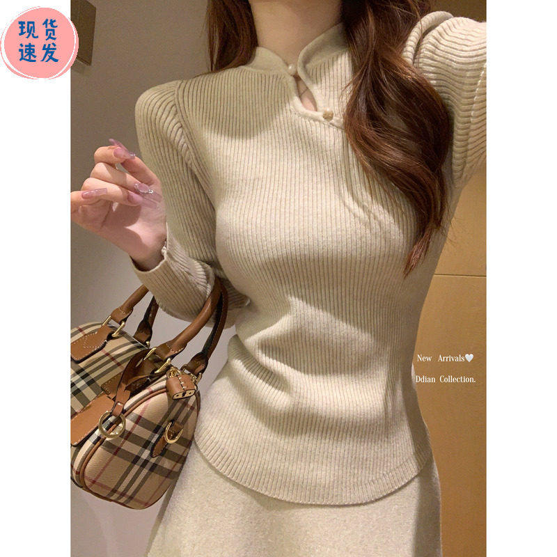 早春季新国风修身斜扣打底衫女皮草内搭毛衣高级感燕麦色针织上衣,个性定制/设计服务/DIY,棉服工装,淘宝优惠券,粉丝福利购,淘宝优惠卷