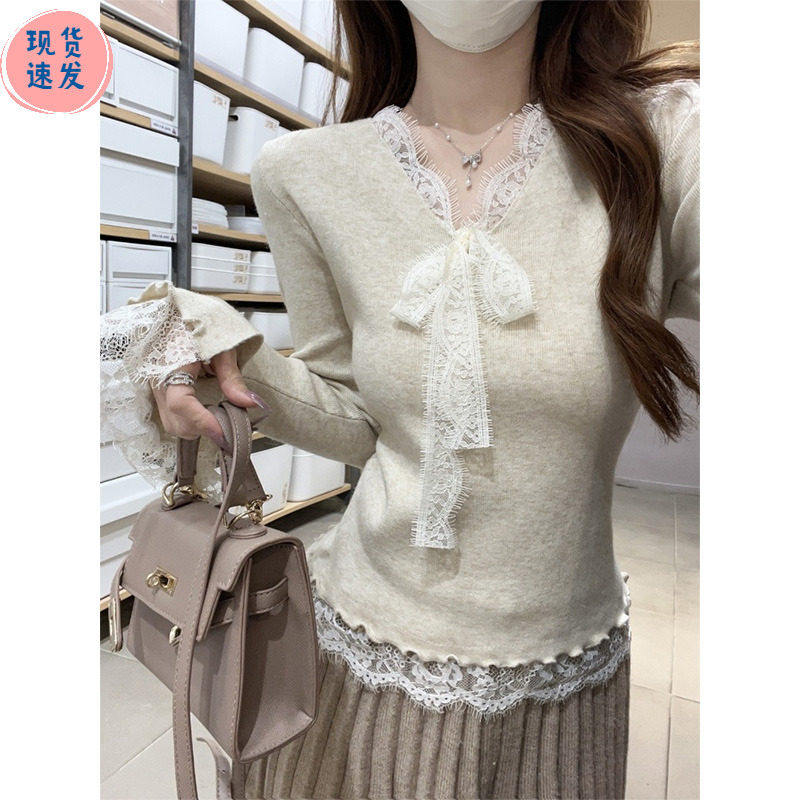 法式V领蕾丝修身打底衫女春季洋派喇叭袖毛衣内搭修身针织衫上衣