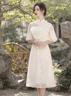 大小姐古法旗袍女新款2023剪花雪纺绣花时尚奥黛晚礼服平时可穿裙