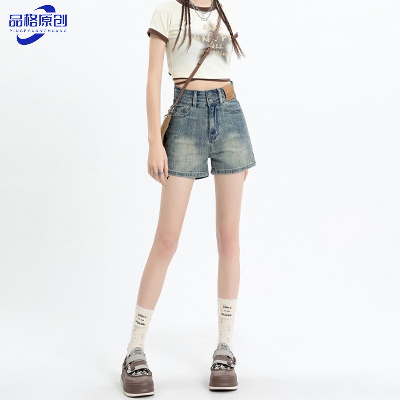黄泥色美式辣妹牛仔短裤女2025夏季薄款高腰显瘦宽松阔腿a字热裤