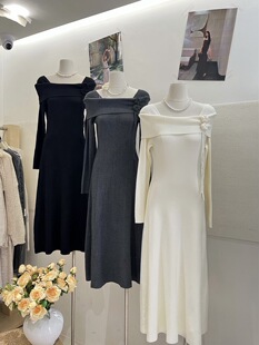 2025新款 气质大摆长裙毛衣打底裙 一字领针织连衣裙披肩秋冬新款