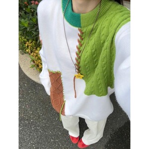 绿色拼接毛衣男秋冬圆领套头针织衫美式复古毛线衣YY102-特P45图片