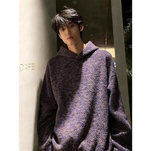 网图紫色美式毛绒针织卫衣男冬季连帽衫小香风外套YW249-特P65图片