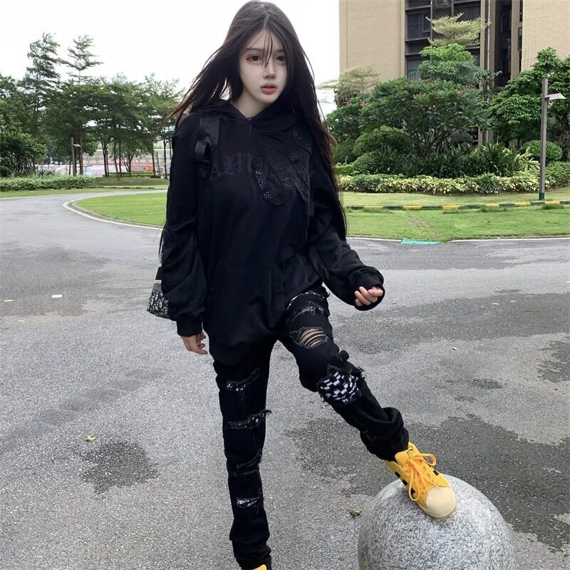 自主黑蛇碎石绣花卫衣美式男女宽松连帽运动衫RWY01-特P68,男装卫衣,星座1007（原301D）