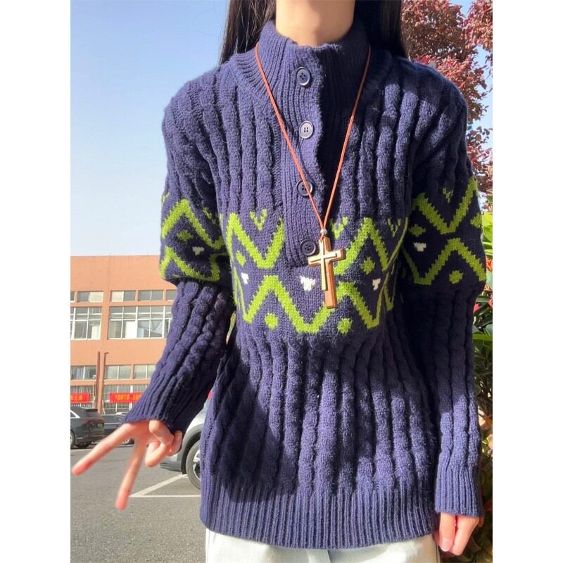 网图美式藏青色亨利领毛衣男秋冬麻花针织衫复古毛线衣B097-特P68,男装针织衫/毛衣,星座1007（原301D）