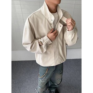 秋季新款杏色立领工装灯芯绒夹克男女宽松百搭休闲外套MW21-特P85图片