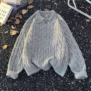 网图翻领半拉链宽松长袖套头针织衫毛衣男女YM859-特P55图片