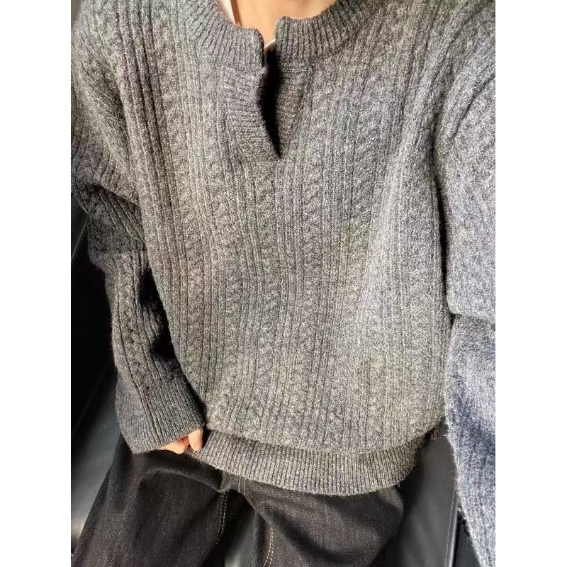网图美式复古麻花毛衣男女情侣亨利领宽松套头针织衫MY5013-特P68，男装针织衫/毛衣，星座1007（原301D）