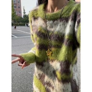 网图绿色马海毛圣诞毛衣男秋冬高级感撞色针织衫M358-特P65图片