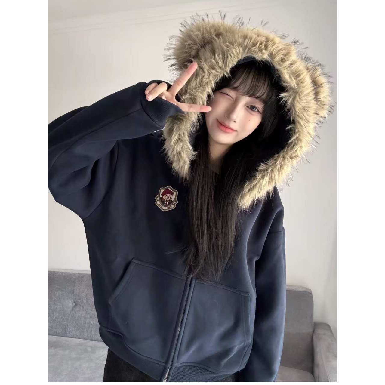 网图亨利领正肩卫衣男美式拼接长袖卫衣XJ380常规特P60 加绒特P65，女装卫衣/绒衫，星座1007（原301D）