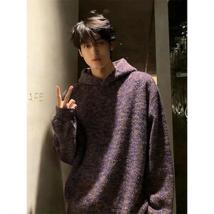 网图紫色美式毛绒针织卫衣男冬季连帽衫小香风外套YW249-特P65图片