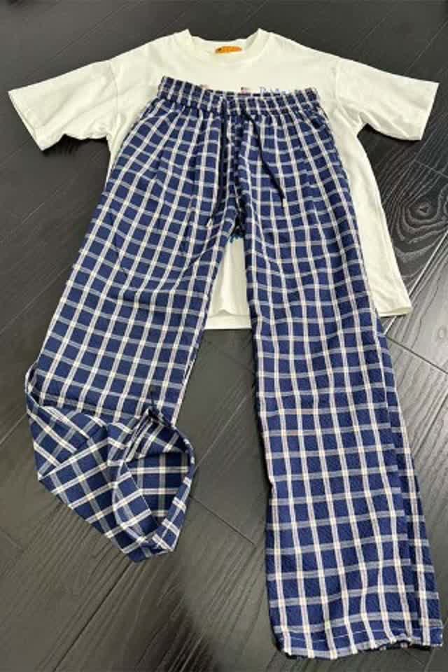 藏青色凉感格子休闲裤男夏季薄款冰丝速干裤慵懒松弛感阔腿长裤子,男装休闲裤,星座1007（原301D）