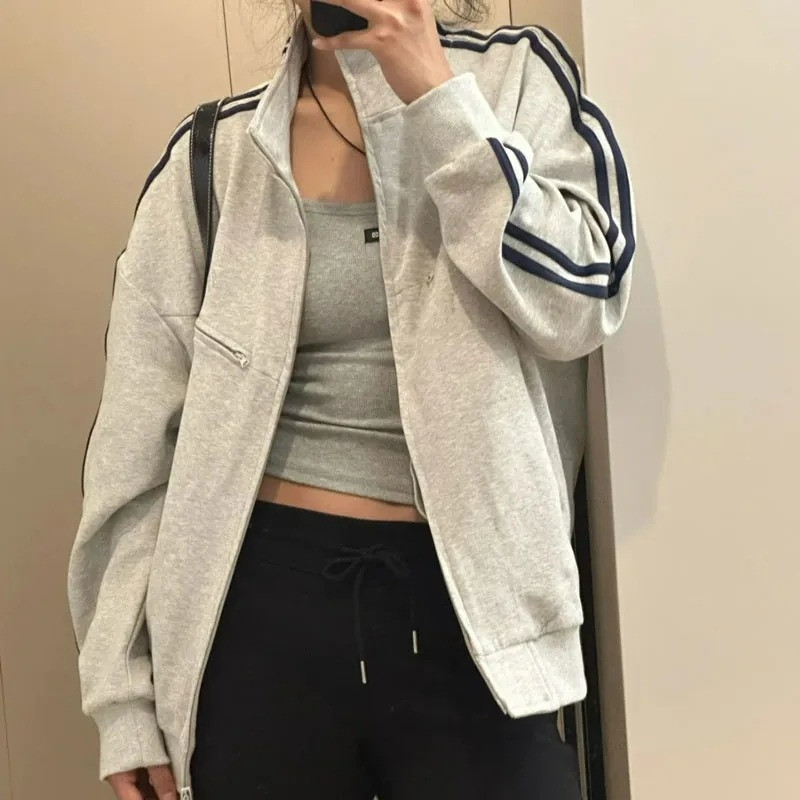 网图秋复古美式杠条双拉链宽松立领百搭卫衣外套JK103-特P55,女装卫衣/绒衫,星座1007（原301D）