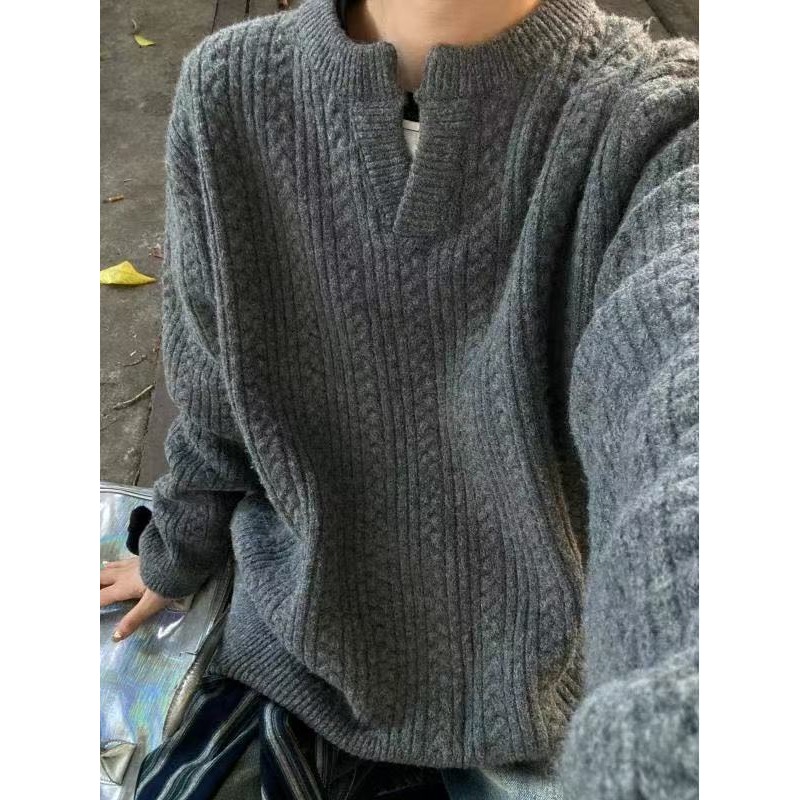 网图美式复古麻花毛衣男女情侣亨利领宽松套头针织衫MY5013-特P68，男装针织衫/毛衣，星座1007（原301D）