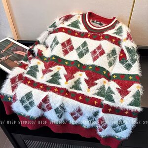 网图圆领糯叽叽仿貂毛加厚圣诞毛衣男女线衣YM018-特P50图片