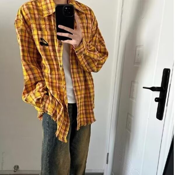 网图美式黄色格子衬衫男女下摆毛边开衫长袖衬衣CS39995-特P35，男装衬衫，星座1007（原301D）