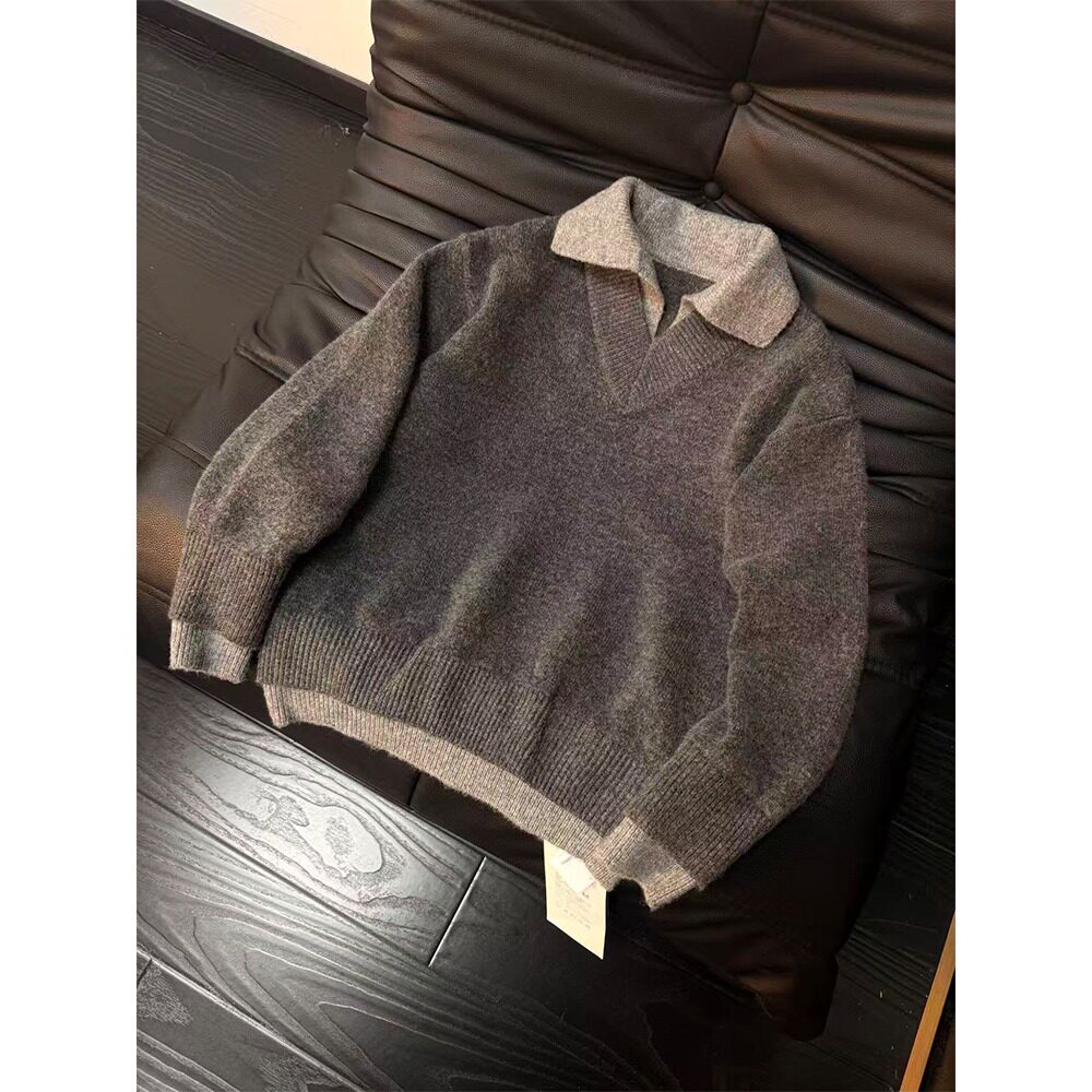 老钱风假两件衬衫领毛衣男冬季针织衫美式复古情侣外套MY914-特60,男装针织衫/毛衣,星座1007（原301D）