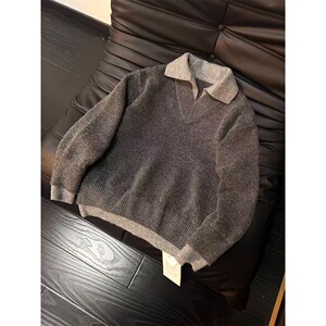 老钱风假两件衬衫领毛衣男冬季针织衫美式复古情侣外套MY914-特60图片