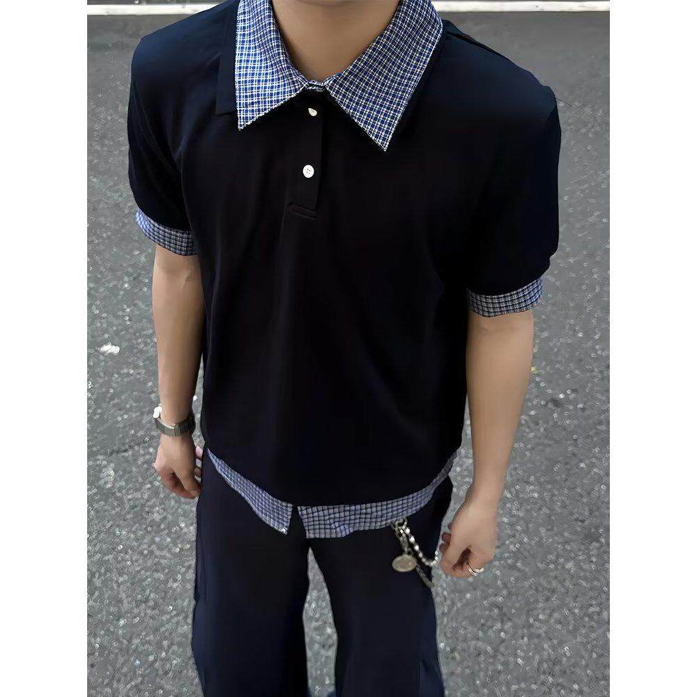 学院风格子拼接polo领短袖假两件T恤PL238-特P35，男装T恤，星座1007（原301D）