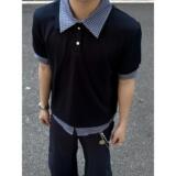 学院风格子拼接polo领短袖假两件T恤PL238-特P35，男装T恤，星座1007（原301D）