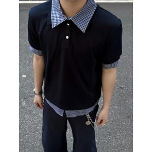 学院风格子拼接polo领短袖假两件T恤PL238-特P35，男装T恤，星座1007（原301D）