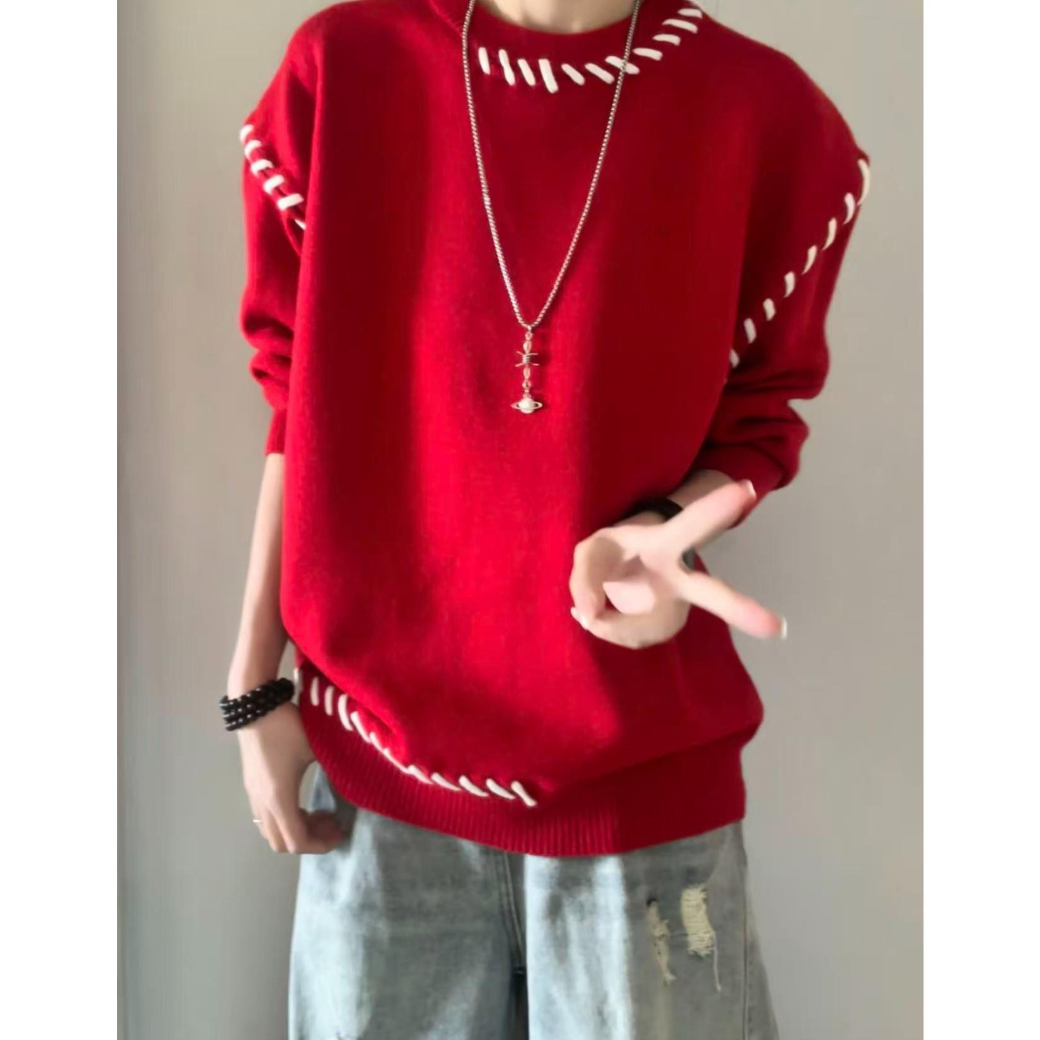 网图美式潮流拼接圆领毛衣男秋冬季宽松百搭针织衫MY3309-特P60，男装针织衫/毛衣，星座1007（原301D）