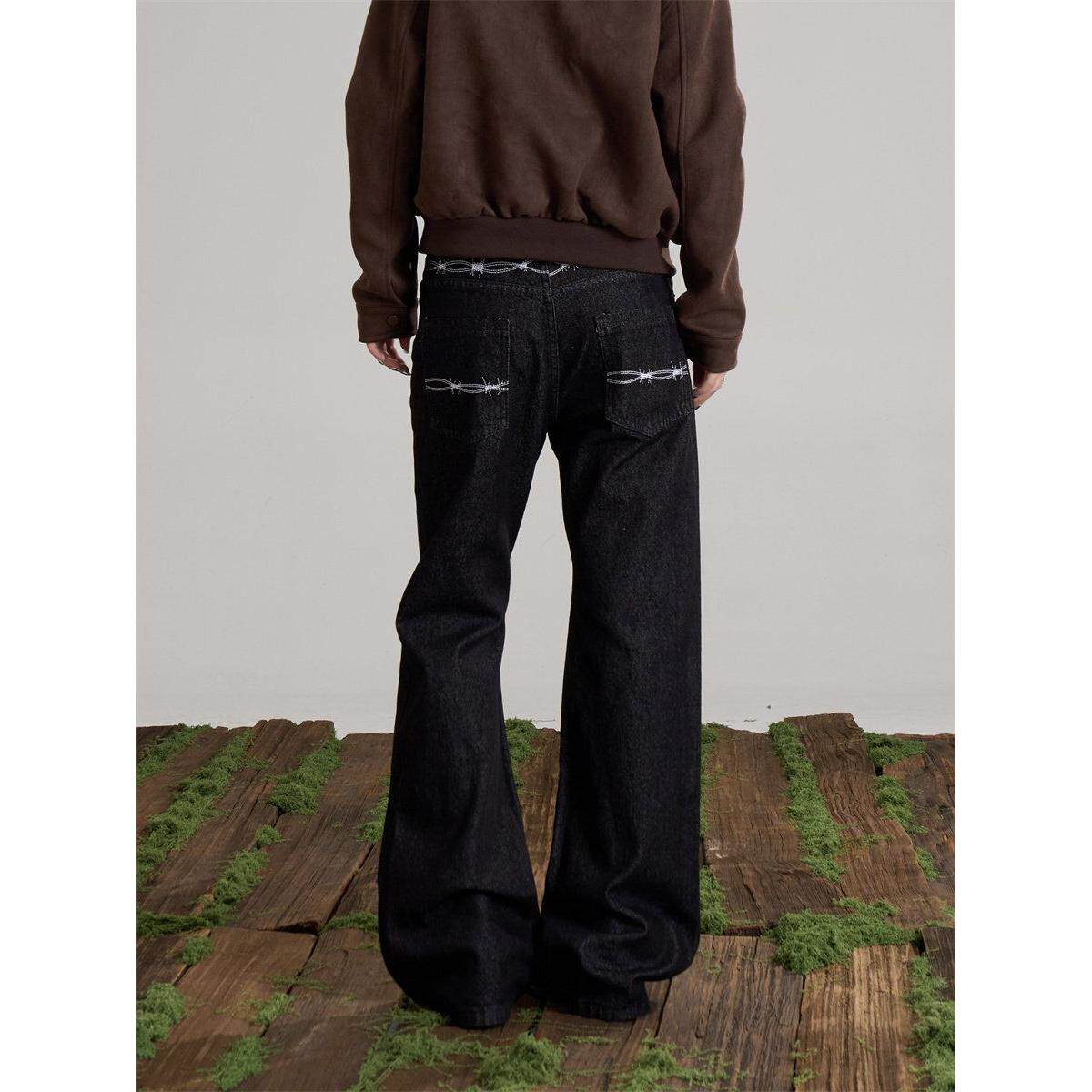 网图美式水洗弯刀刺绣牛仔裤男女宽松阔腿拖地长裤BA6079-特P48，男装牛仔裤，星座1007（原301D）