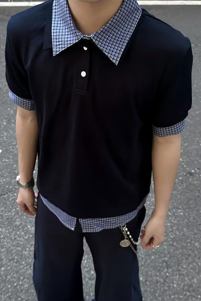 学院风格子拼接polo领短袖假两件T恤PL238-特P35,男装T恤,星座1007（原301D）